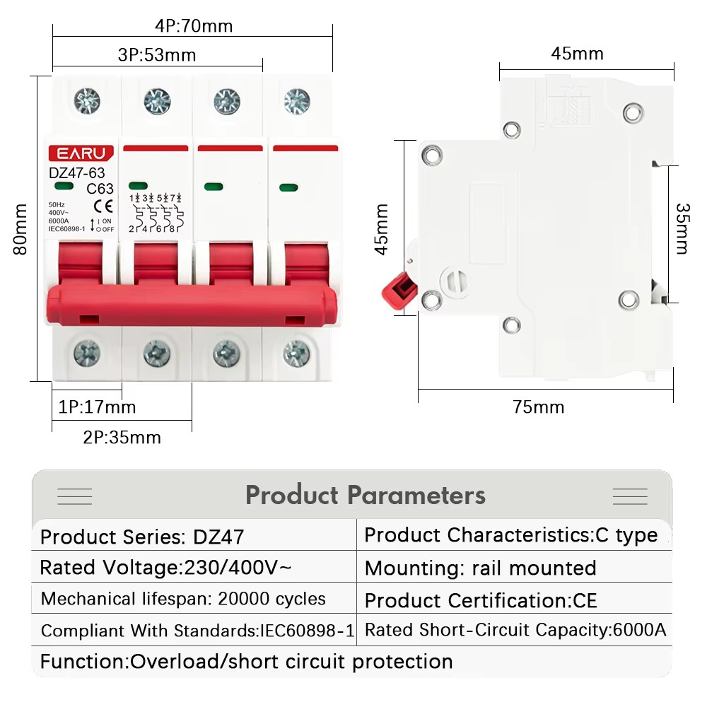 DZ47 1P 2P 3P 4P 3A-63A AC 230 - Din Rail Circuit Breaker のレビューと価格